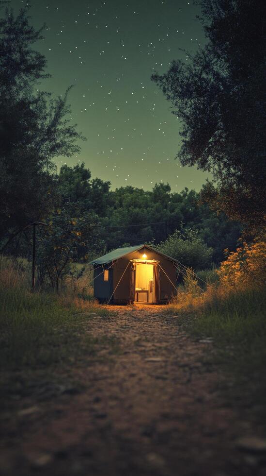 A tent in the middle of the woods at night photo