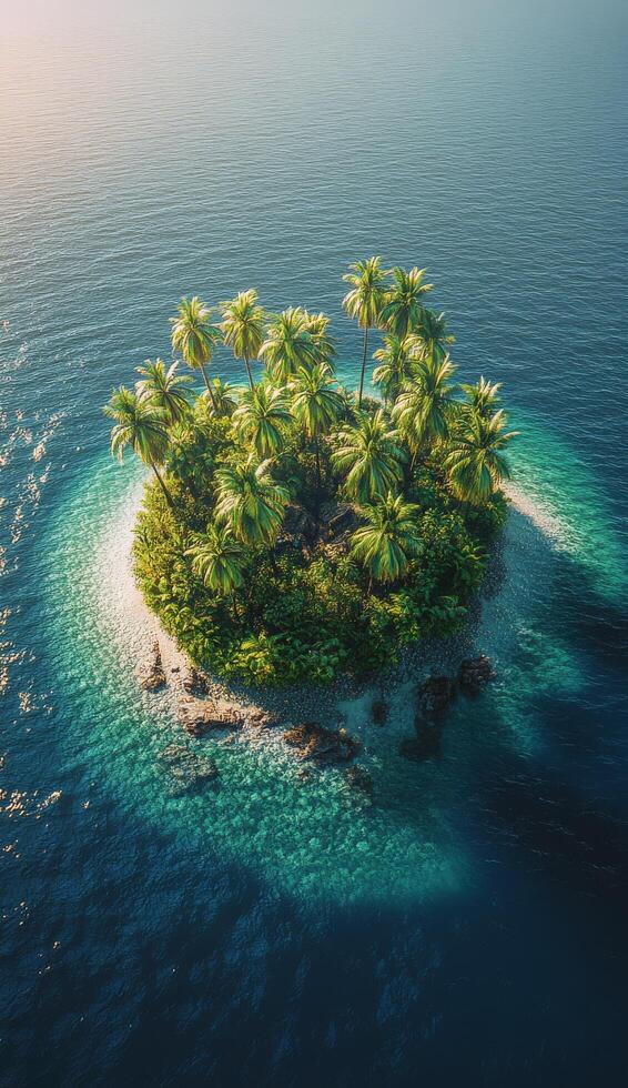 An island with palm trees in the middle of the ocean photo