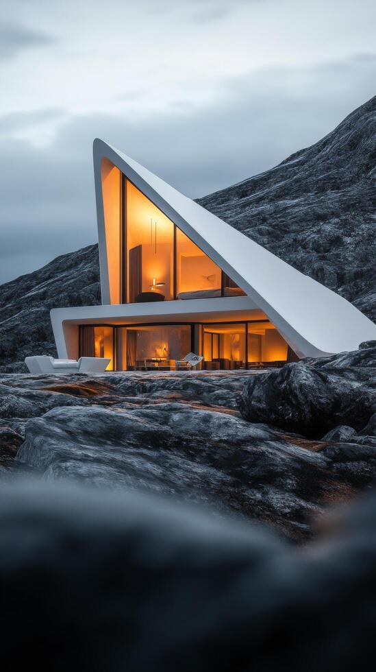 A house on the rocks with a triangular roof photo