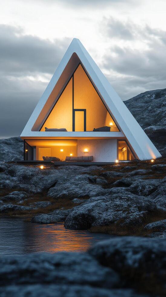 A house with a triangular roof on top of a rocky island photo