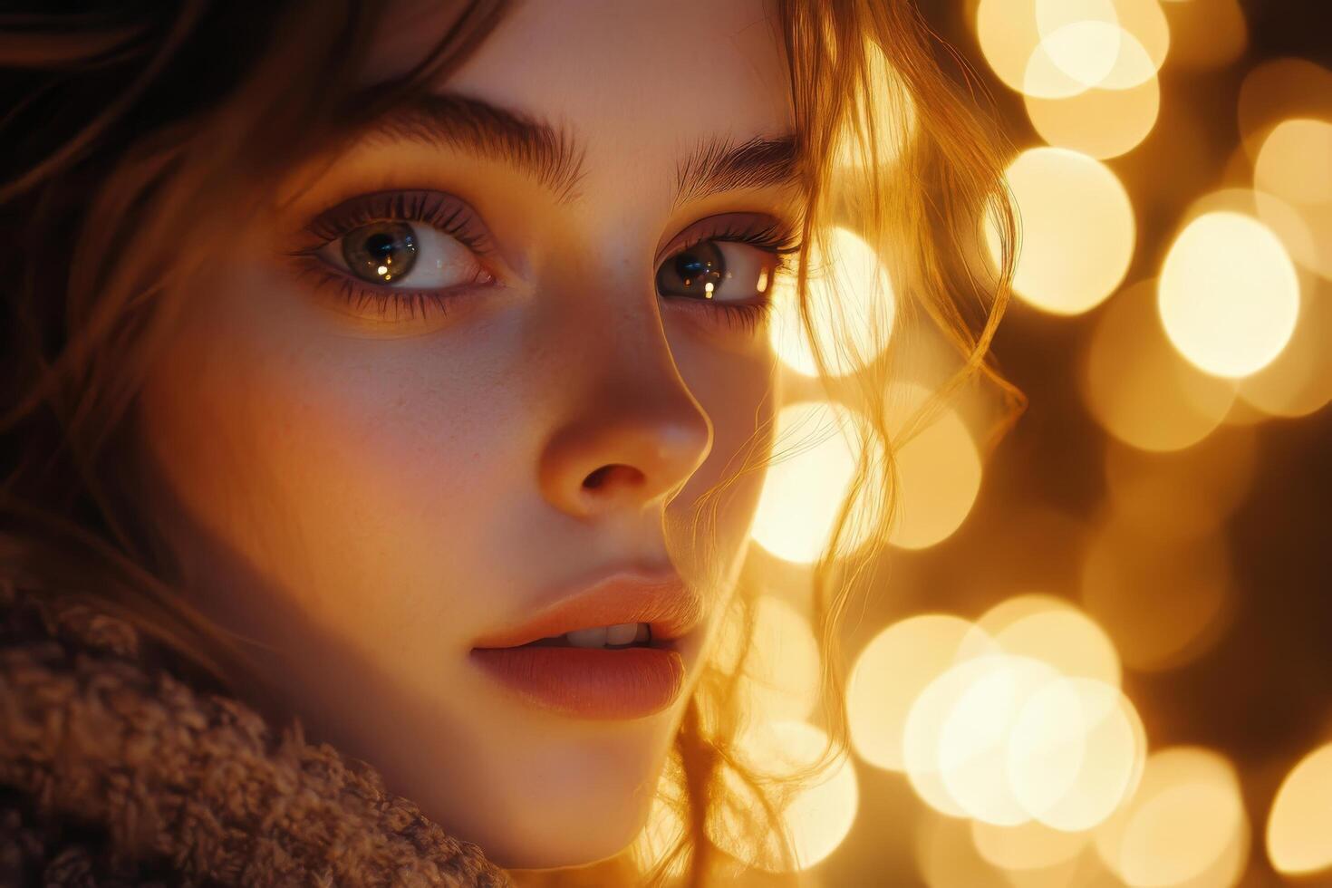 A woman with blue eyes and a scarf is looking at the camera photo