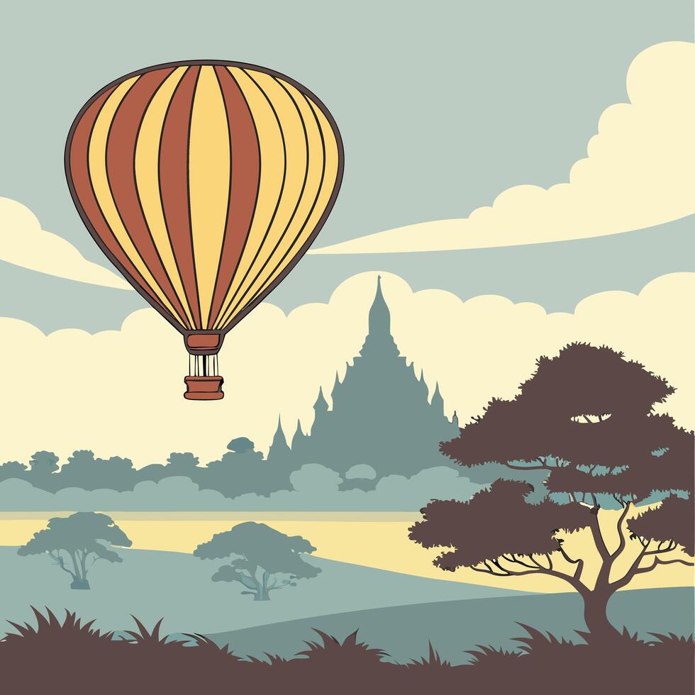 hot air balloon over the river and trees vector