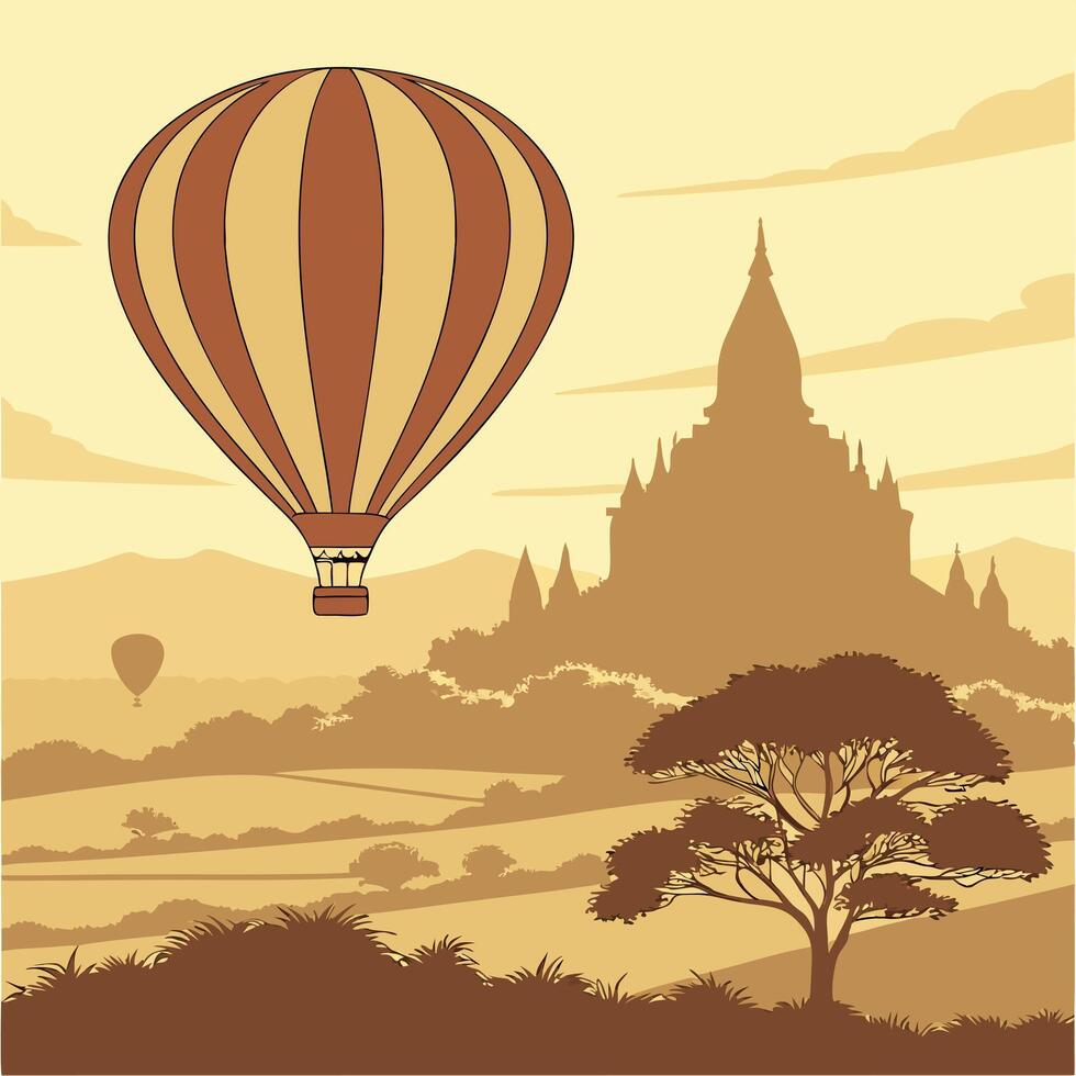 hot air balloon over the pagodas in bagan vector