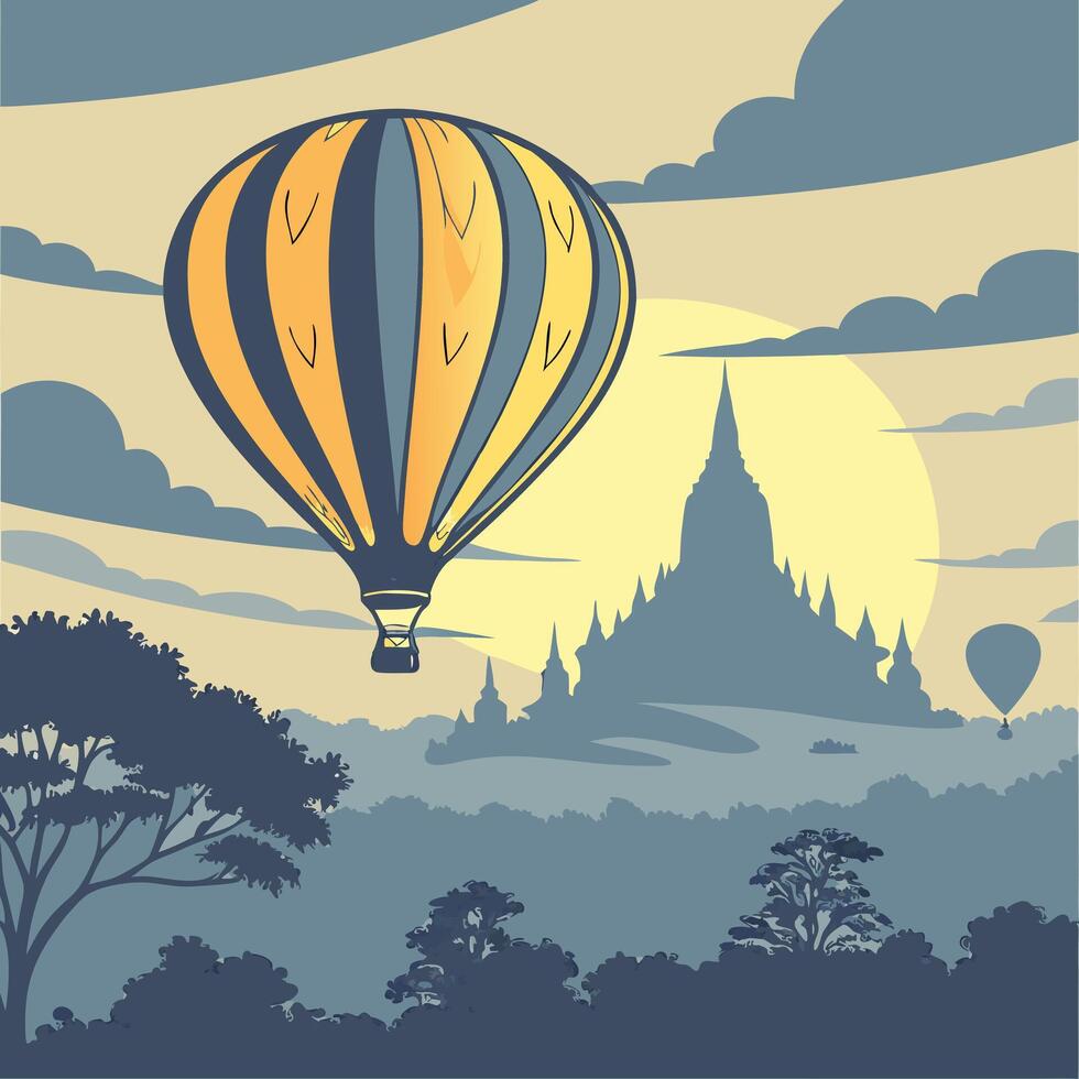 hot air balloon flying over a pagoda vector