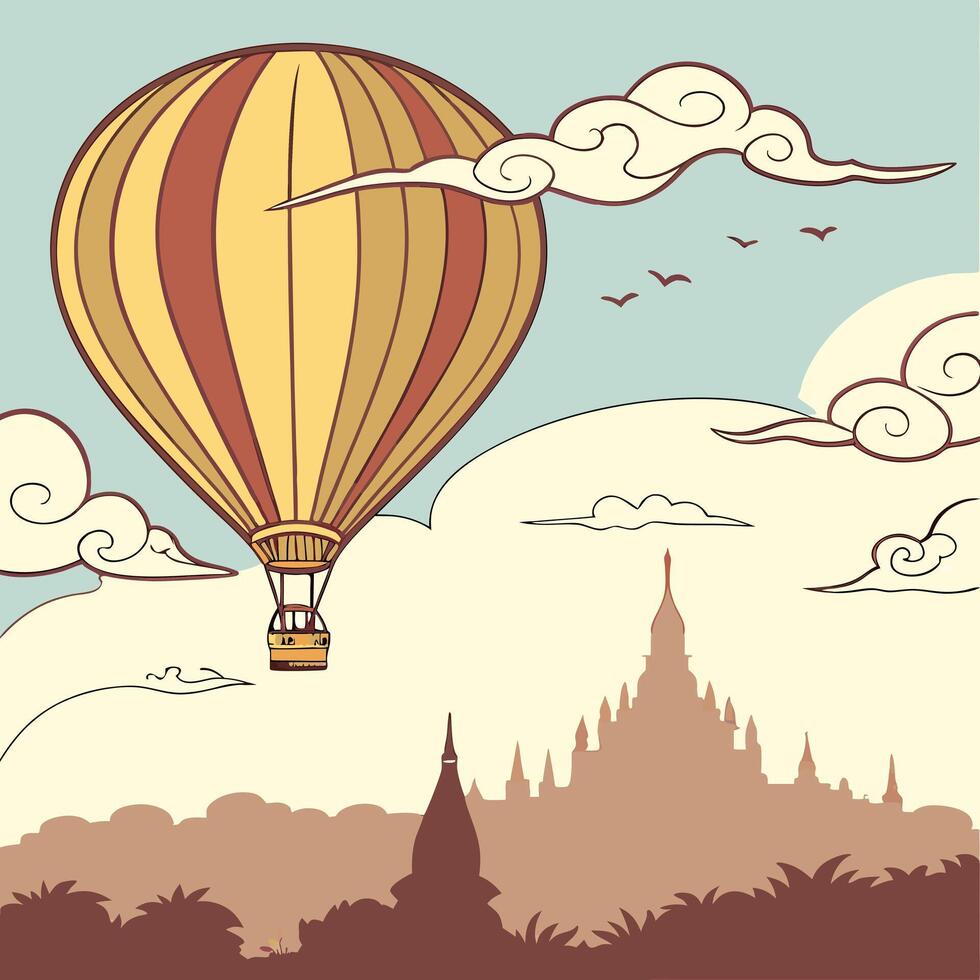 hot air balloon flying over the pagodas in the sky vector