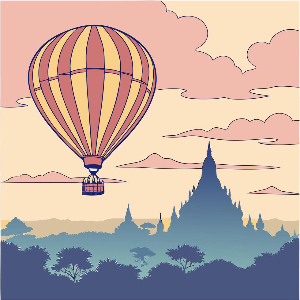 hot air balloon flying over the pagodas vector