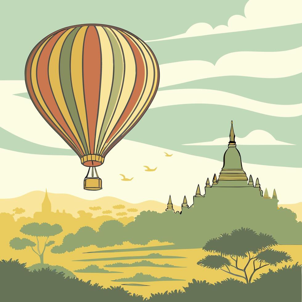 hot air balloon flying over the pagodas in bagan vector