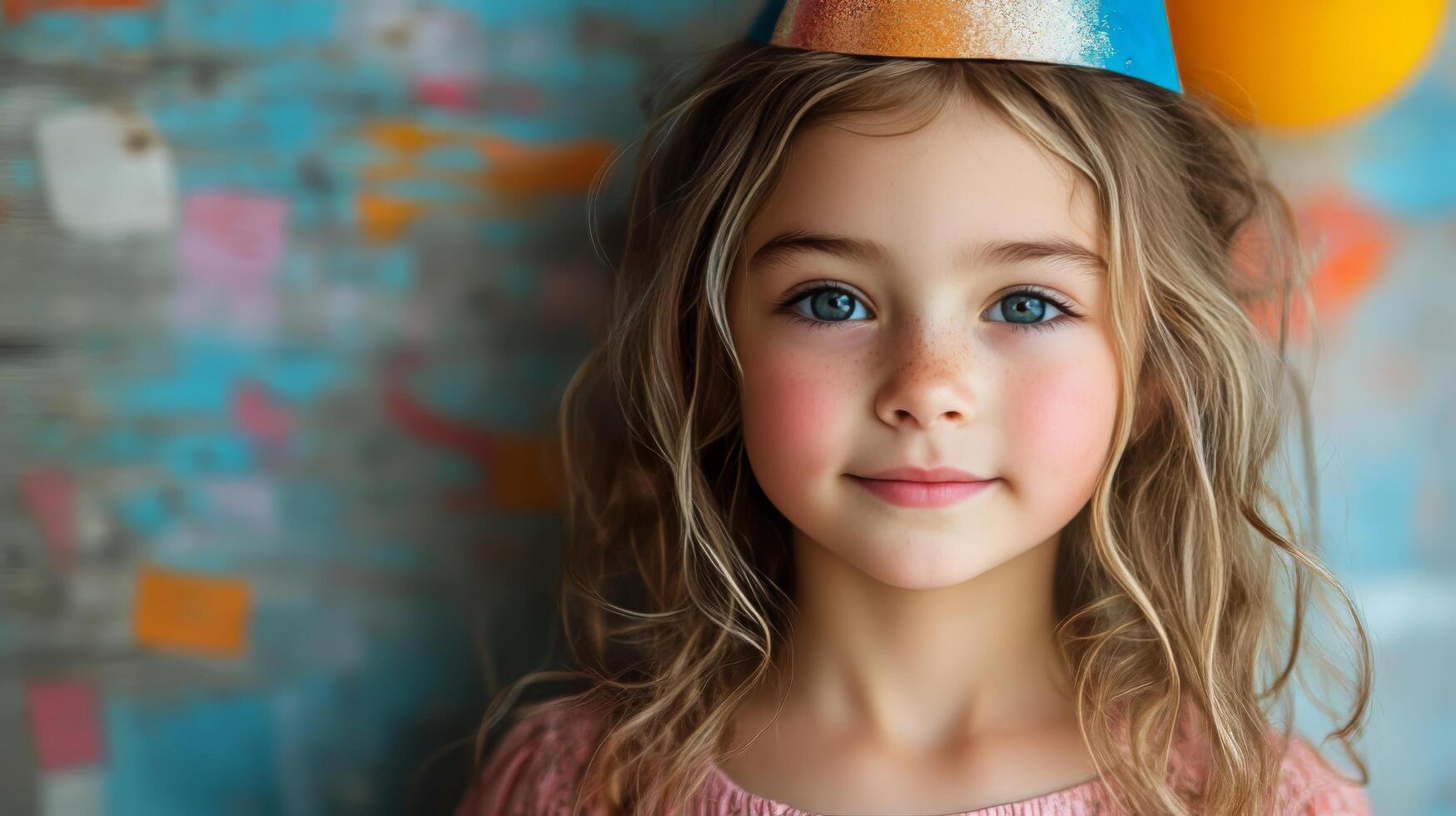 A little girl with a party hat on her head photo