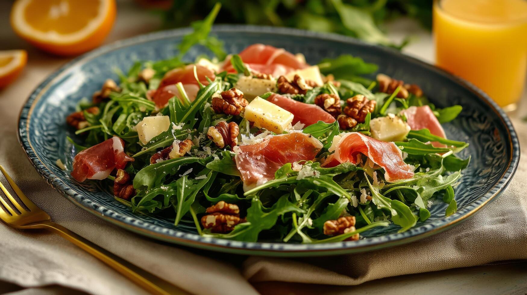 A plate of salad with ham, cheese and oranges photo