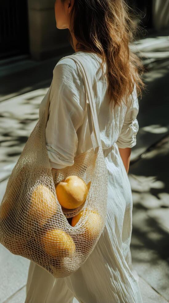 A woman carrying a mesh bag with lemons photo