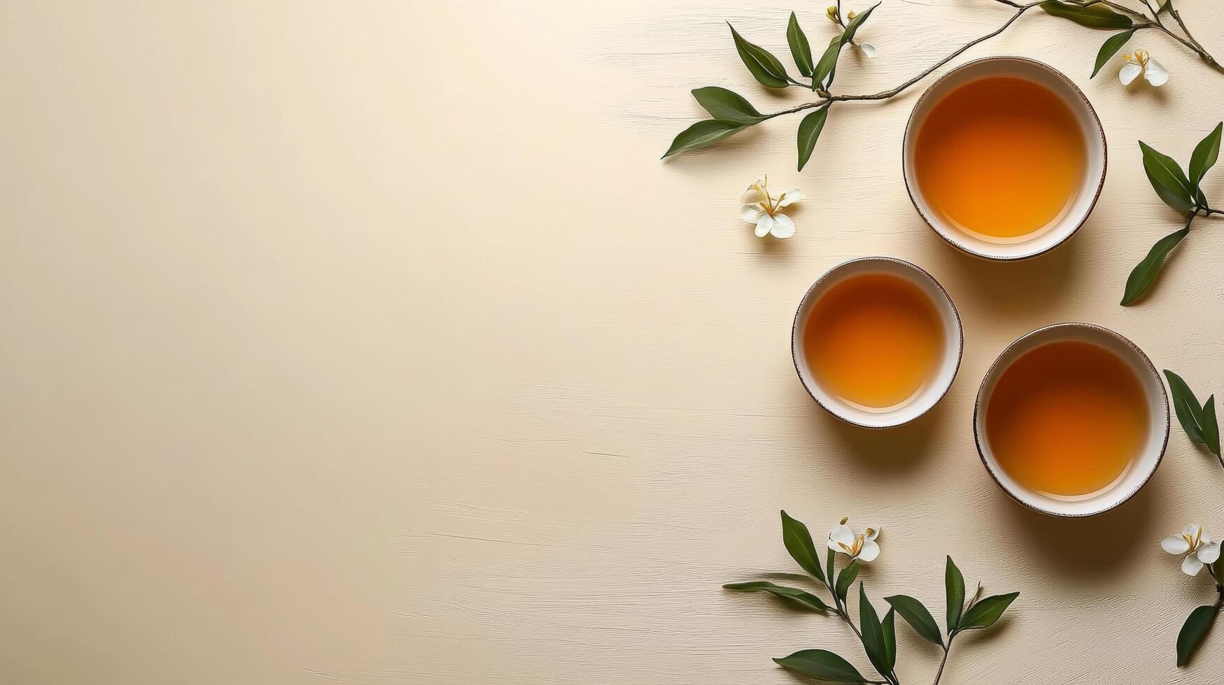 Three bowls of tea with leaves and flowers on a wooden table photo