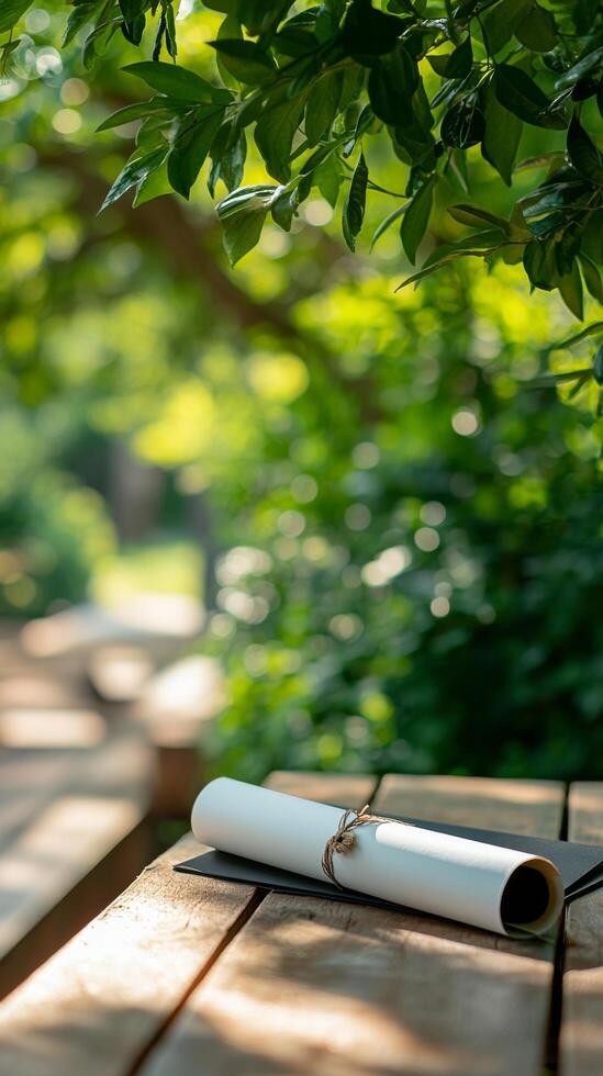 Diploma on wooden table in the park photo