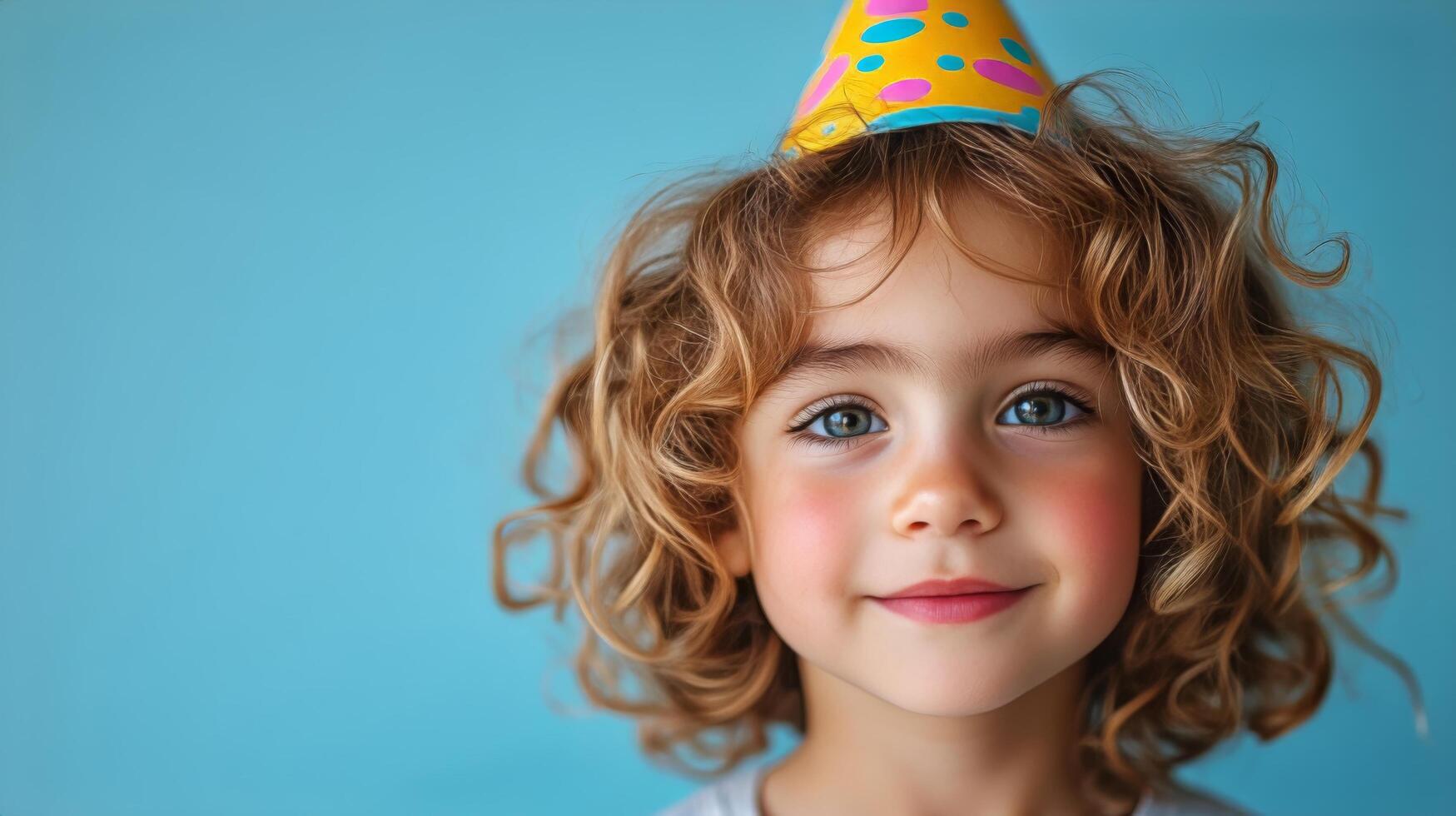 A young girl with a birthday hat on her head photo
