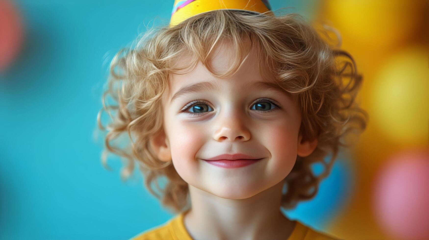 A young boy with a birthday hat on his head photo