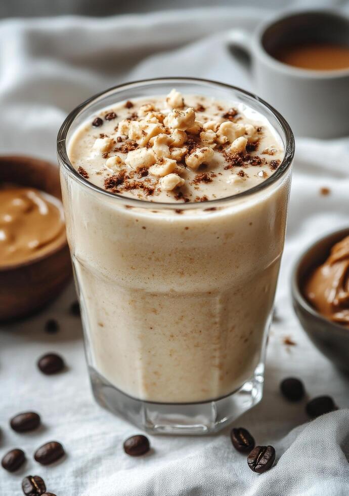 A smoothie with peanut butter and coffee beans photo