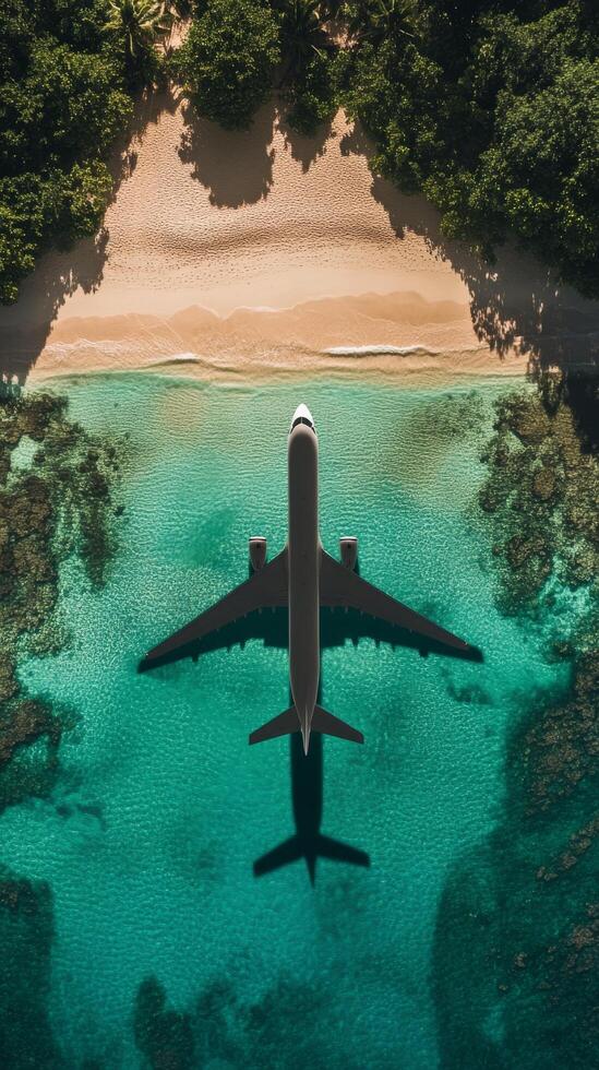 Aerial view of a plane landing on a beach photo