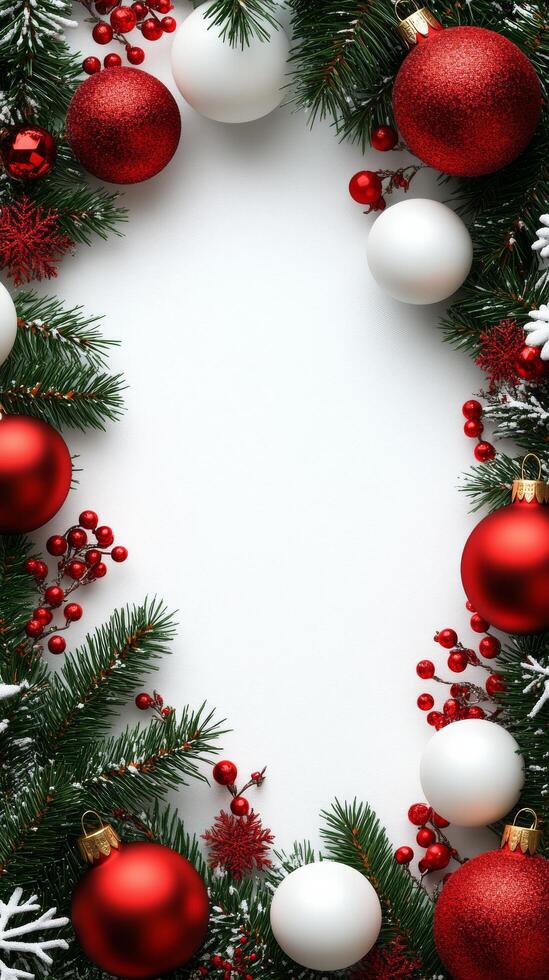 Christmas background with red and white balls and fir branches photo