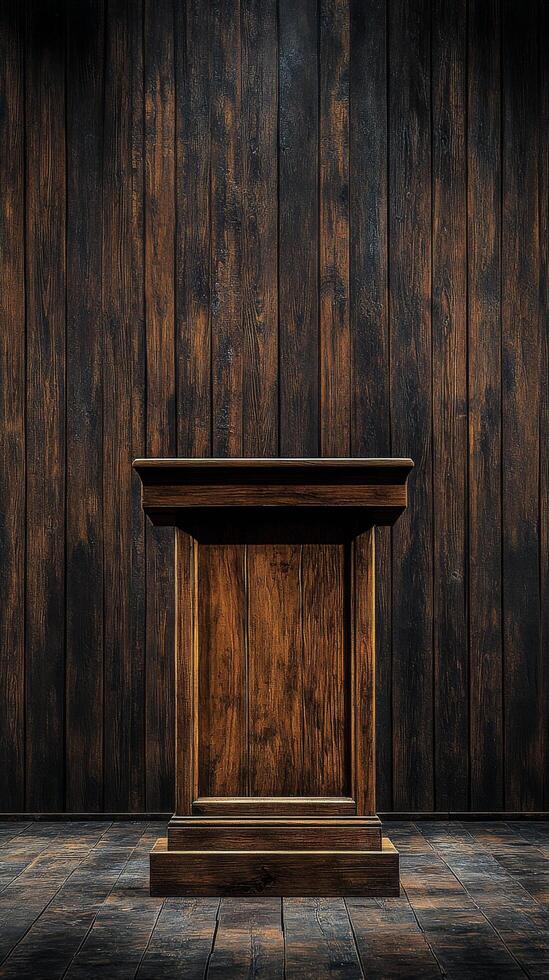 Empty wooden podium in front of a wooden wall photo