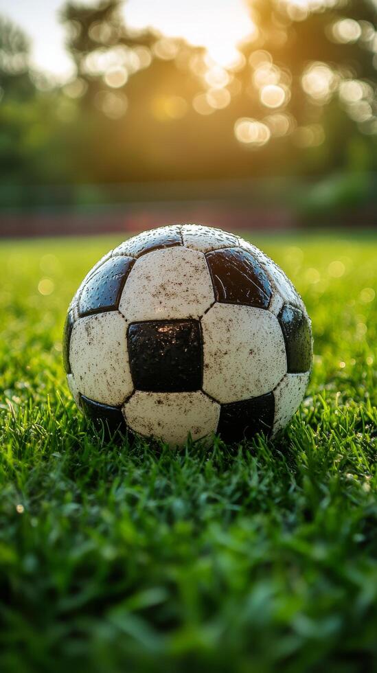 A soccer ball on the grass in front of a sun photo