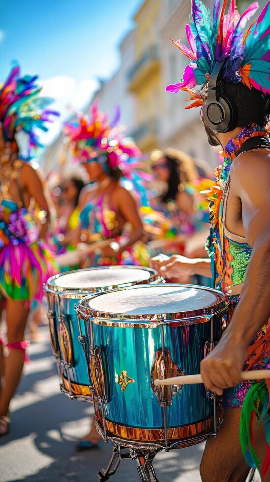 A group of people in colorful costumes playing drums photo