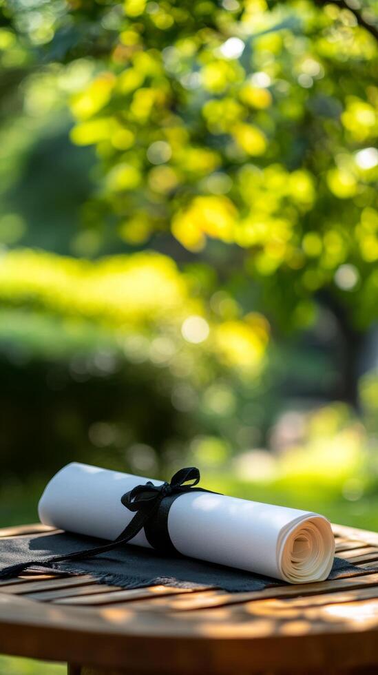 A scroll of paper on a wooden table in the garden photo