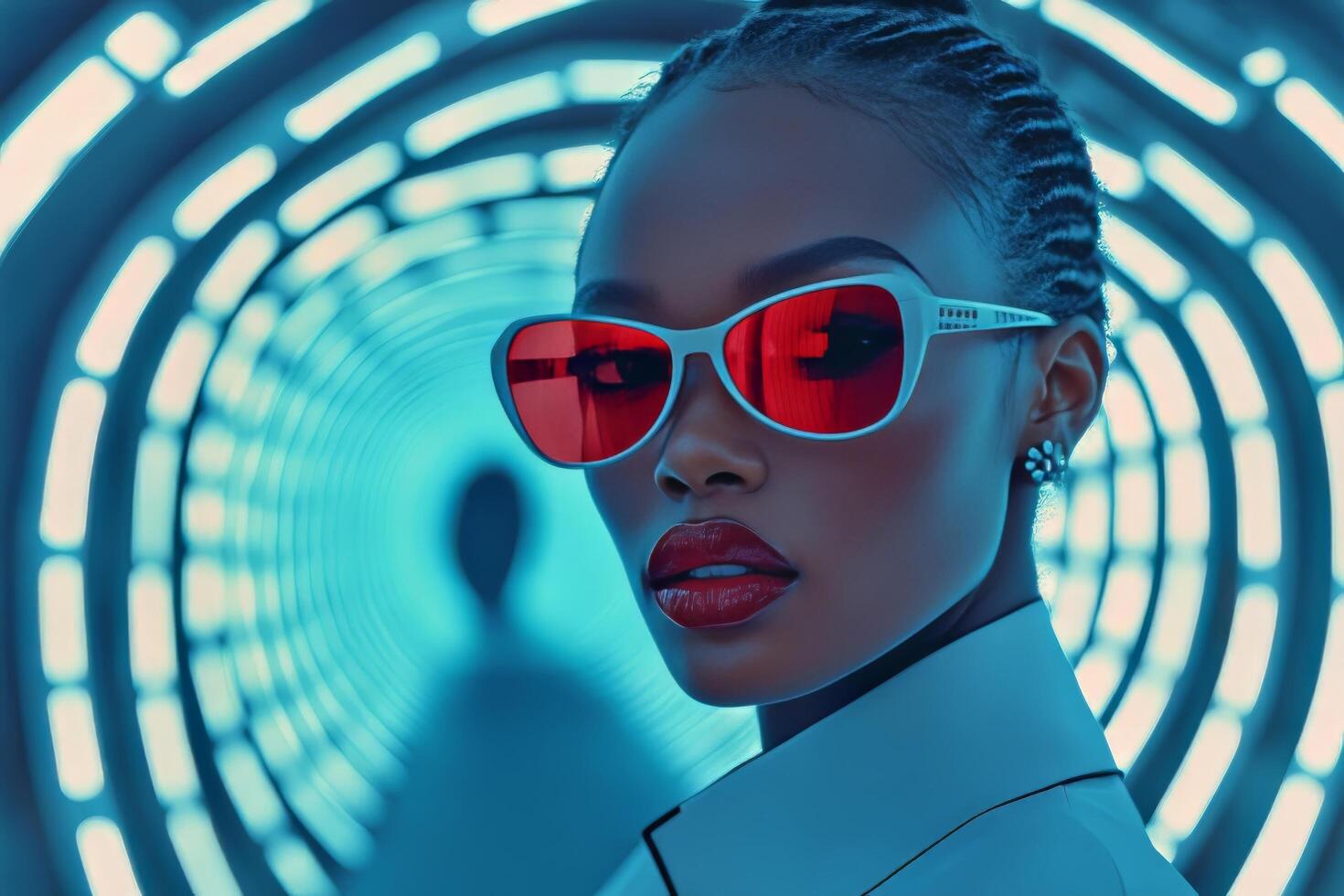 A woman wearing red sunglasses in a tunnel photo