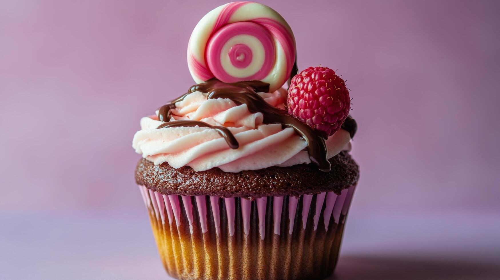 A cupcake with chocolate frosting and raspberries photo