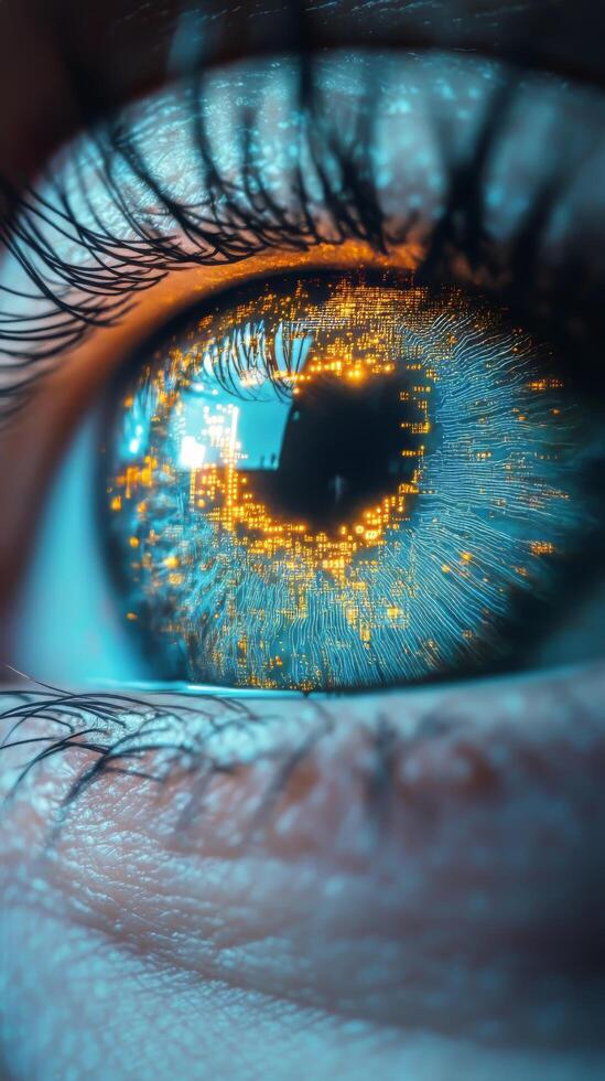 A close up of a person's eye with a glowing yellow iris photo