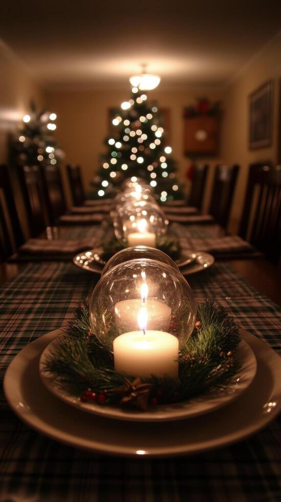 A table set for christmas dinner with candles and a christmas tree photo