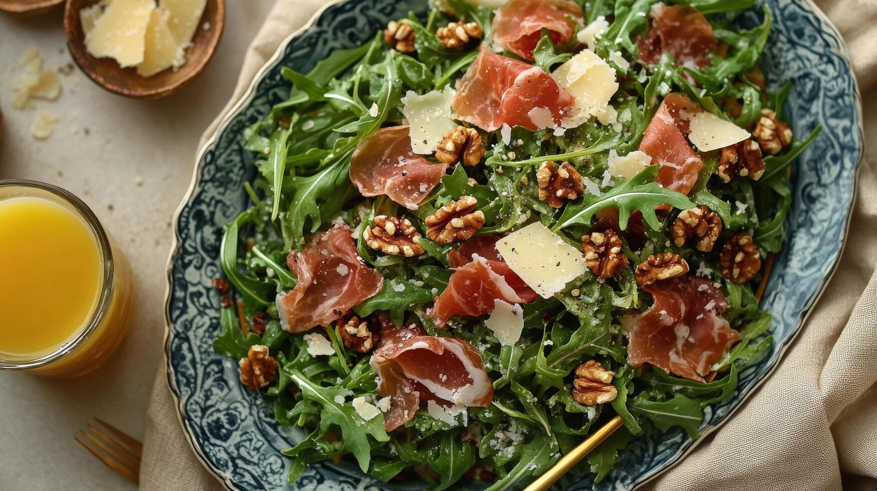 A salad with prosciutto, arugula and walnuts photo
