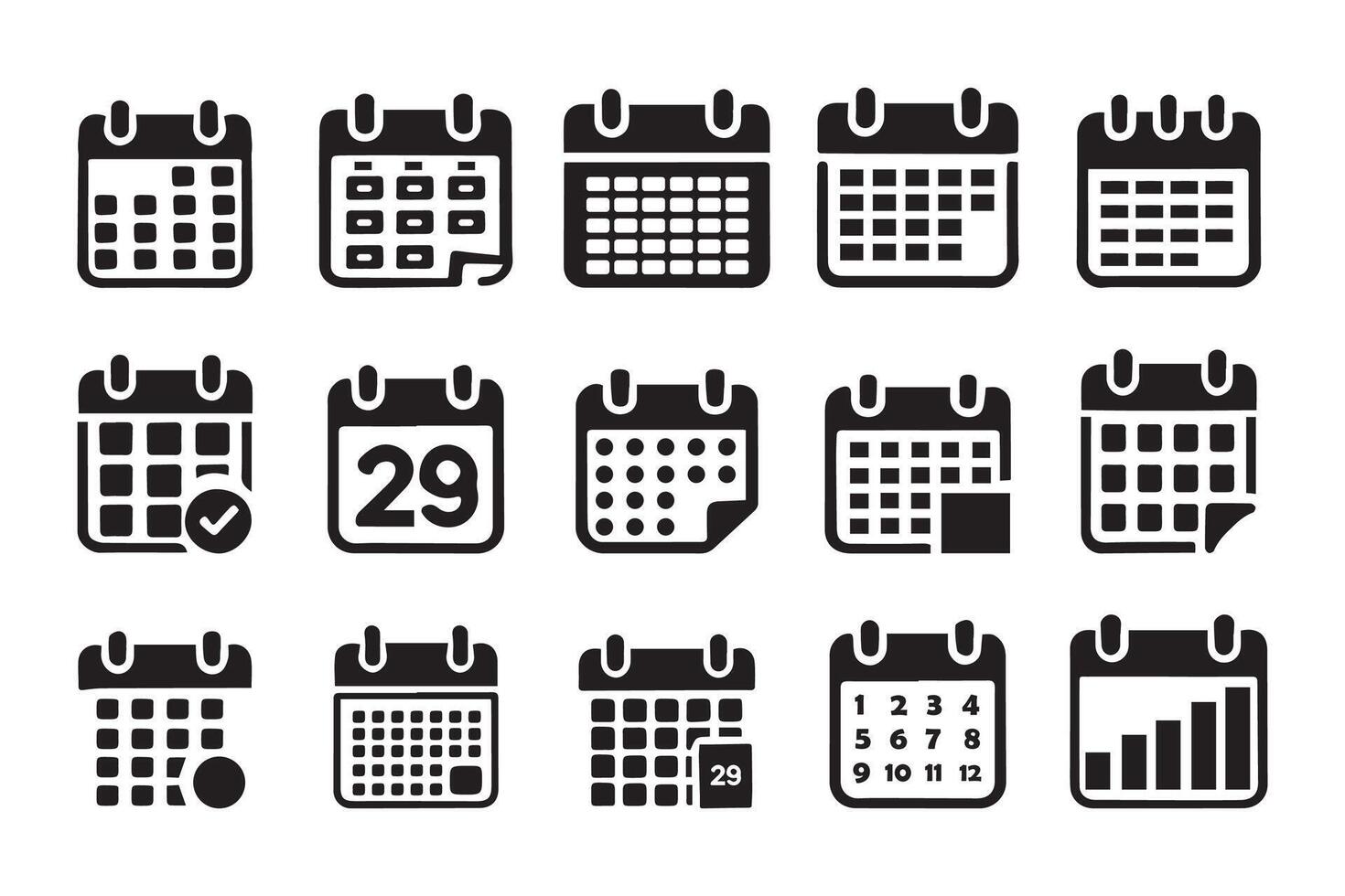 Calendar collection set, illustrations for schedule reminders, daily pads, monthly grids, special days silhouette vector