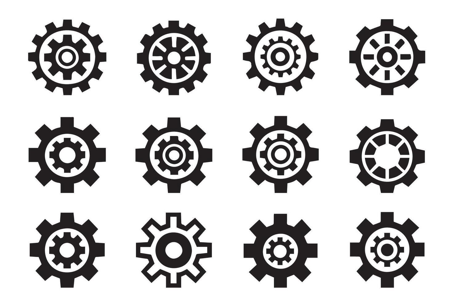 Gear icon set, mechanical gear shapes, engineering symbols, industrial machinery, sprocket vector