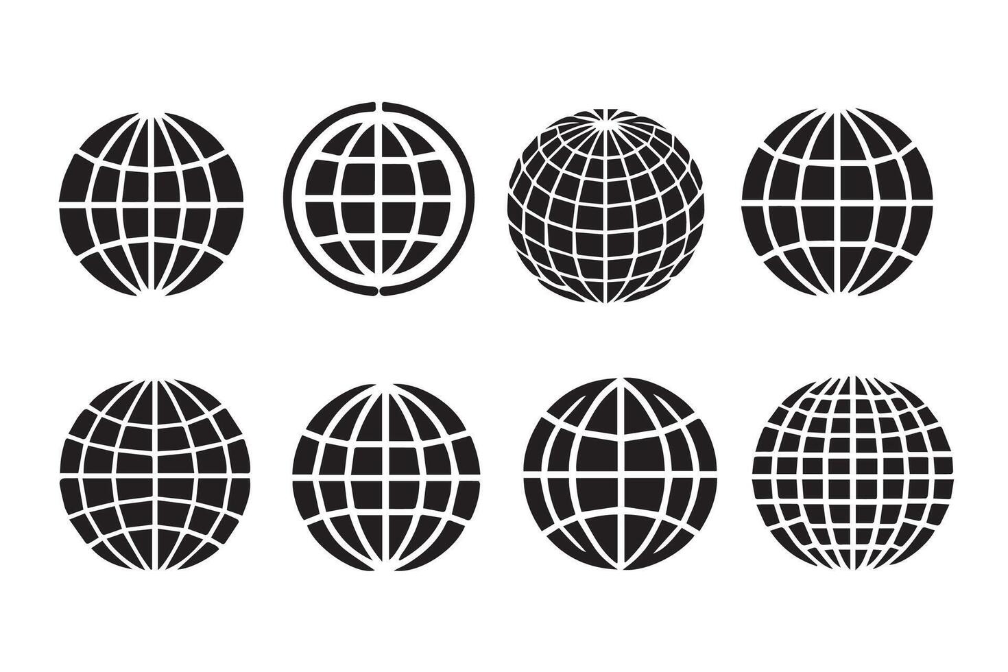 Globe symbol set, grid patterns, flat earth symbols, world, round globes Design vector