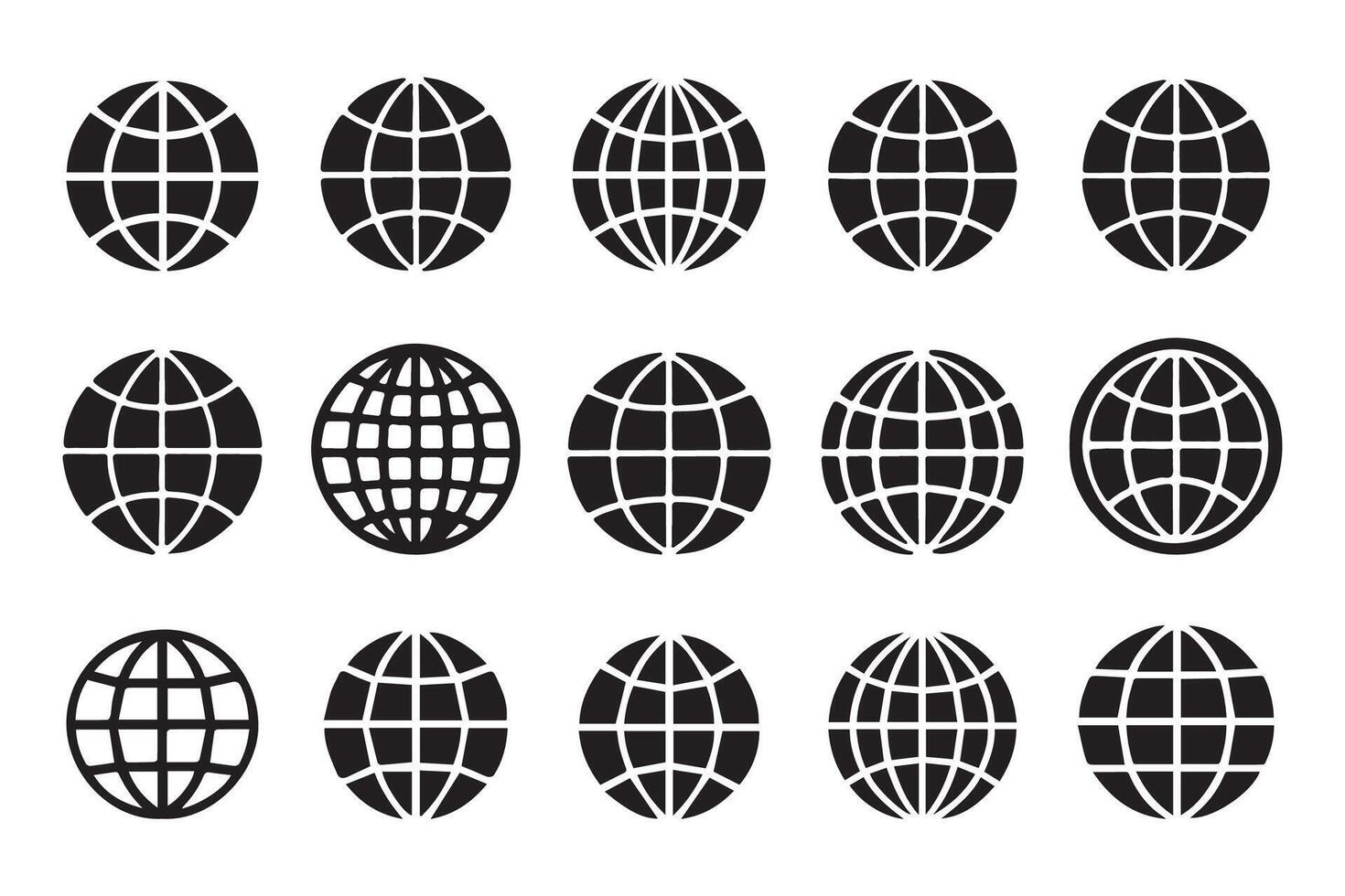 Globe set, grid patterns, flat earth symbols, world, or global reach line art, round globes Design vector