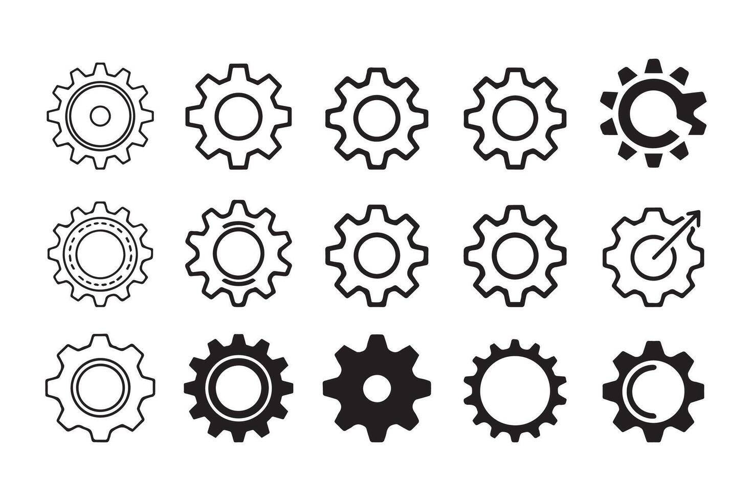 Gear icon set, mechanical gear shapes, engineering symbols, industrial machinery, sprocket designs vector