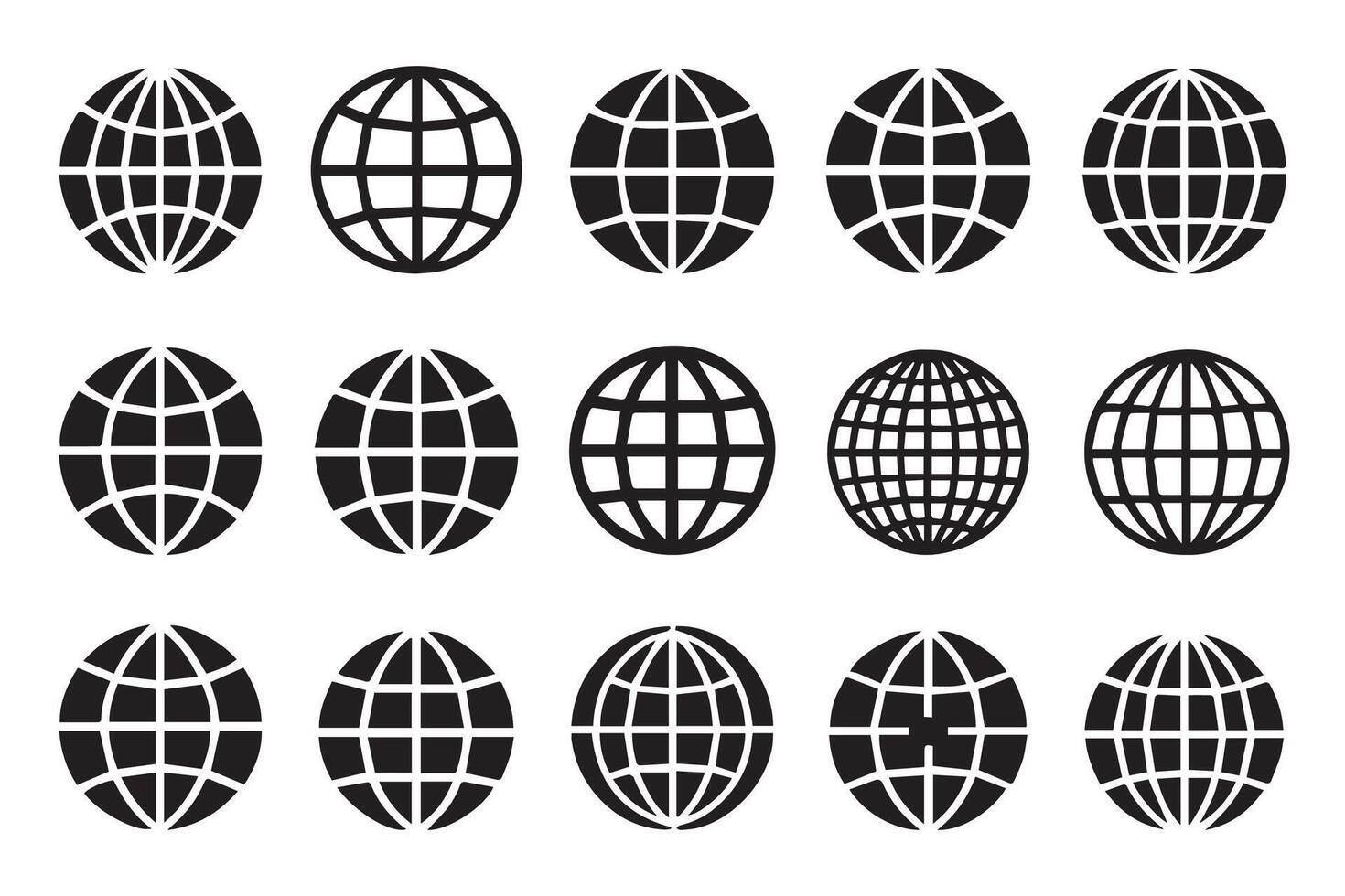 Globe symbol set, grid patterns, flat earth symbols, Internet, world, or global reach line art, round globes Design vector