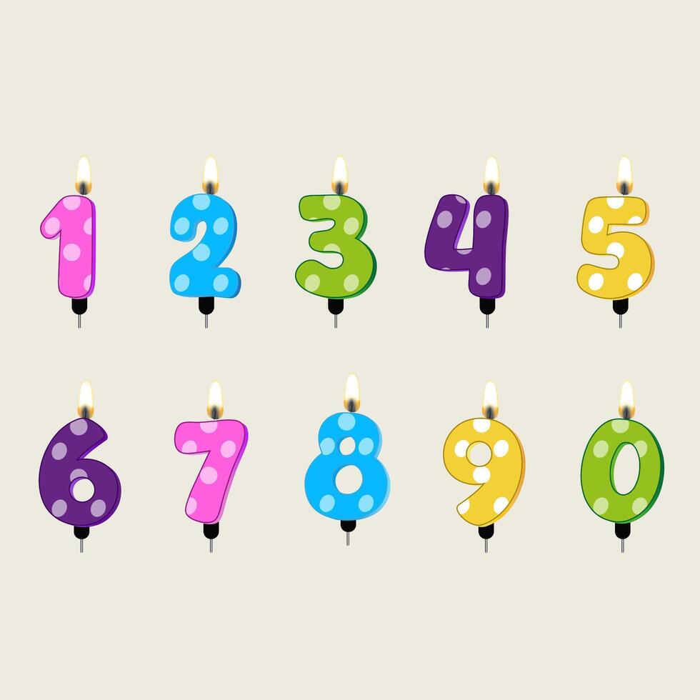 Colorful number-shaped candles ranging from 1 to 9 and 0 vector