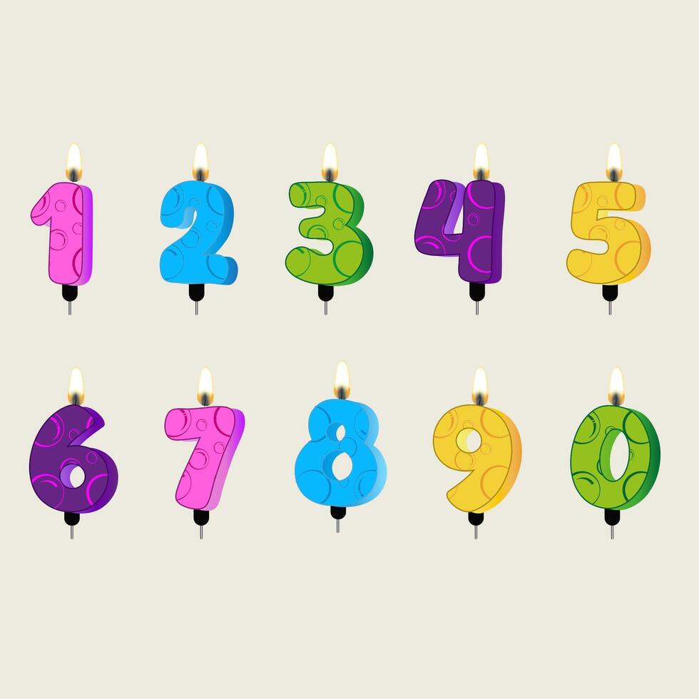 Colorful numeral candles from 0 to 9, each in vibrant hues vector