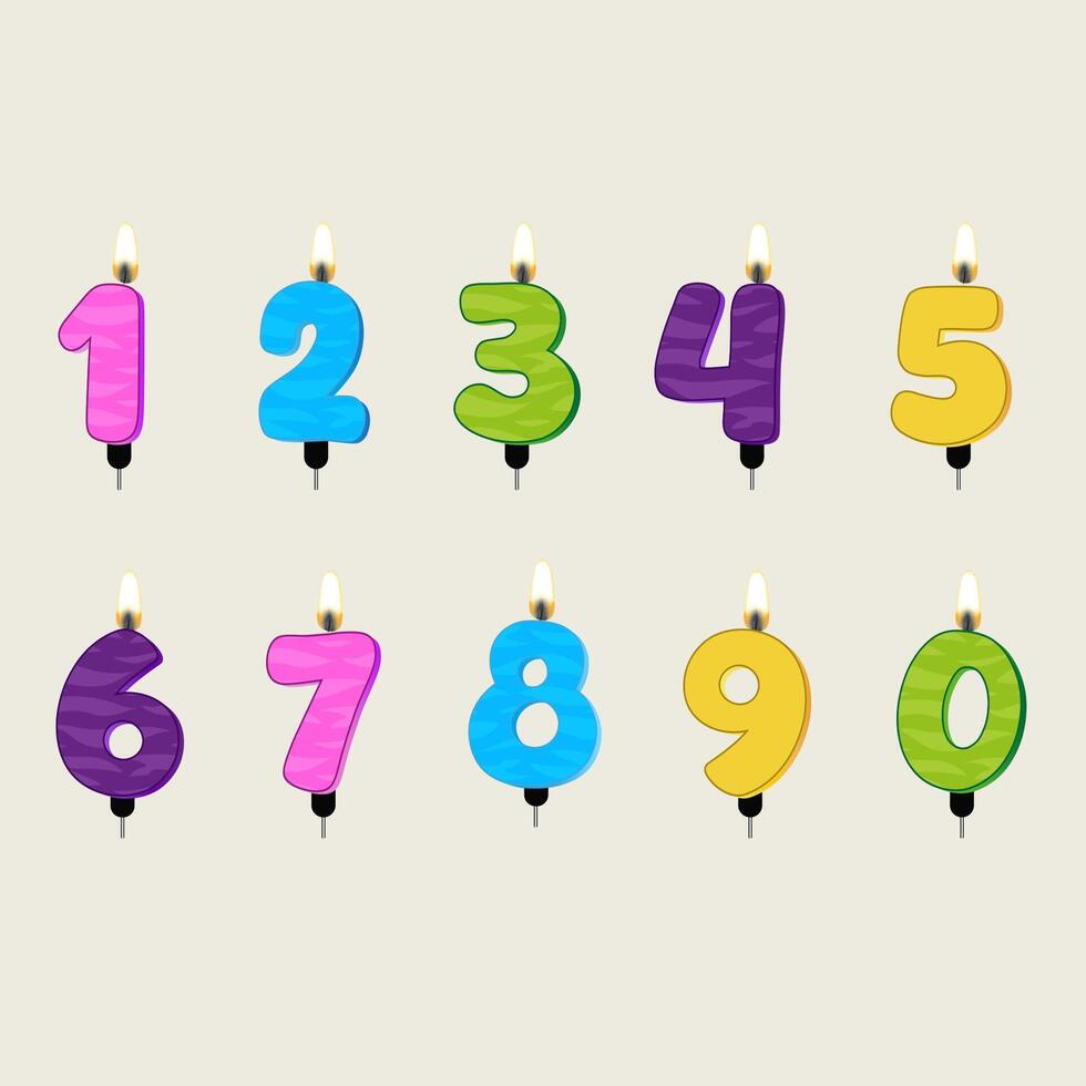 Colorful candles shaped like numbers 1 to 9 and 0 vector