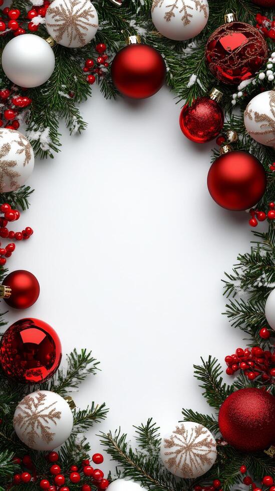 Christmas wreath with red and white ornaments on a white background photo