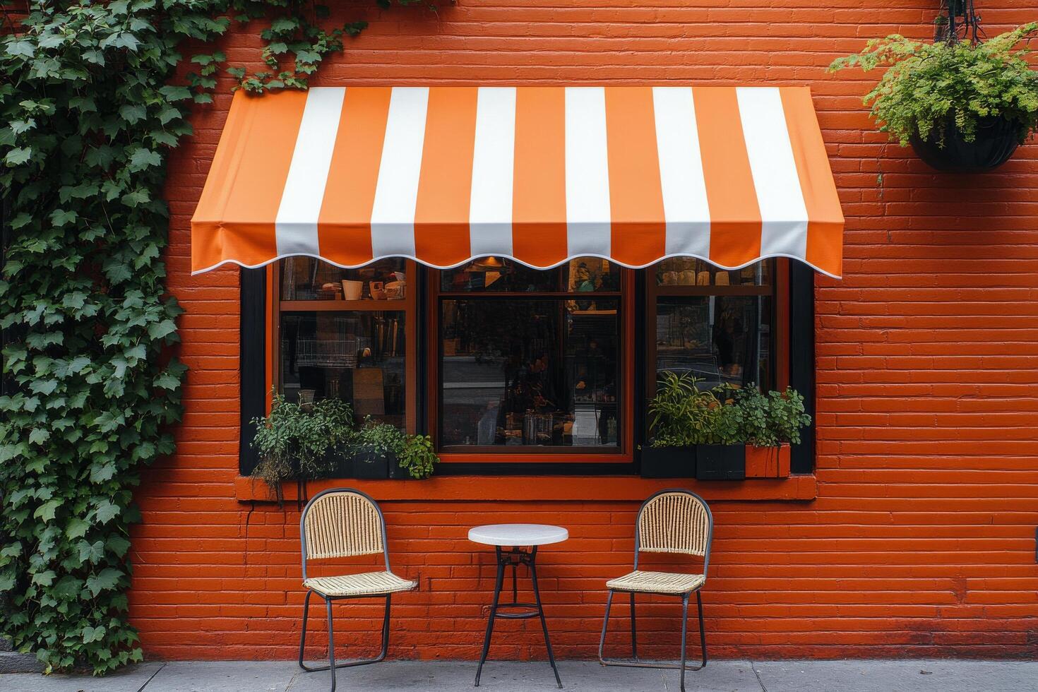 A table and chairs in front of a building photo