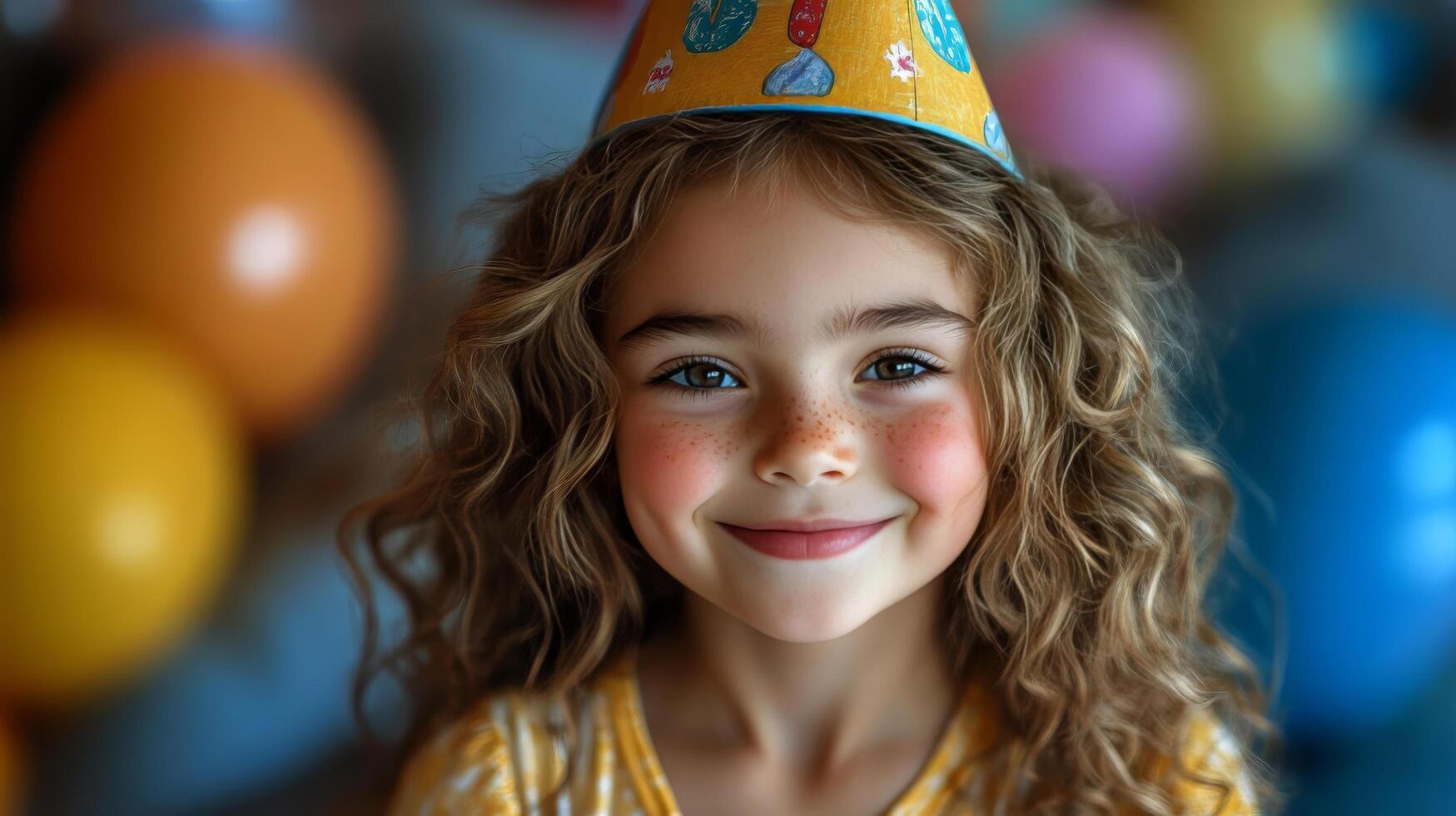 A young girl wearing a party hat photo