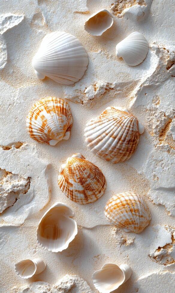 Seashells on a white wall photo