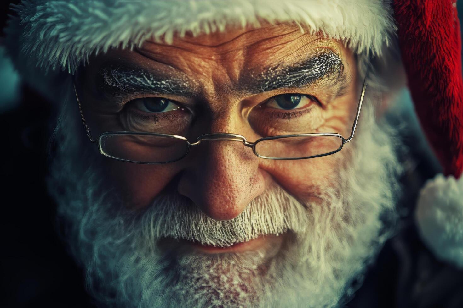 A close up of an old man wearing glasses and a santa hat photo