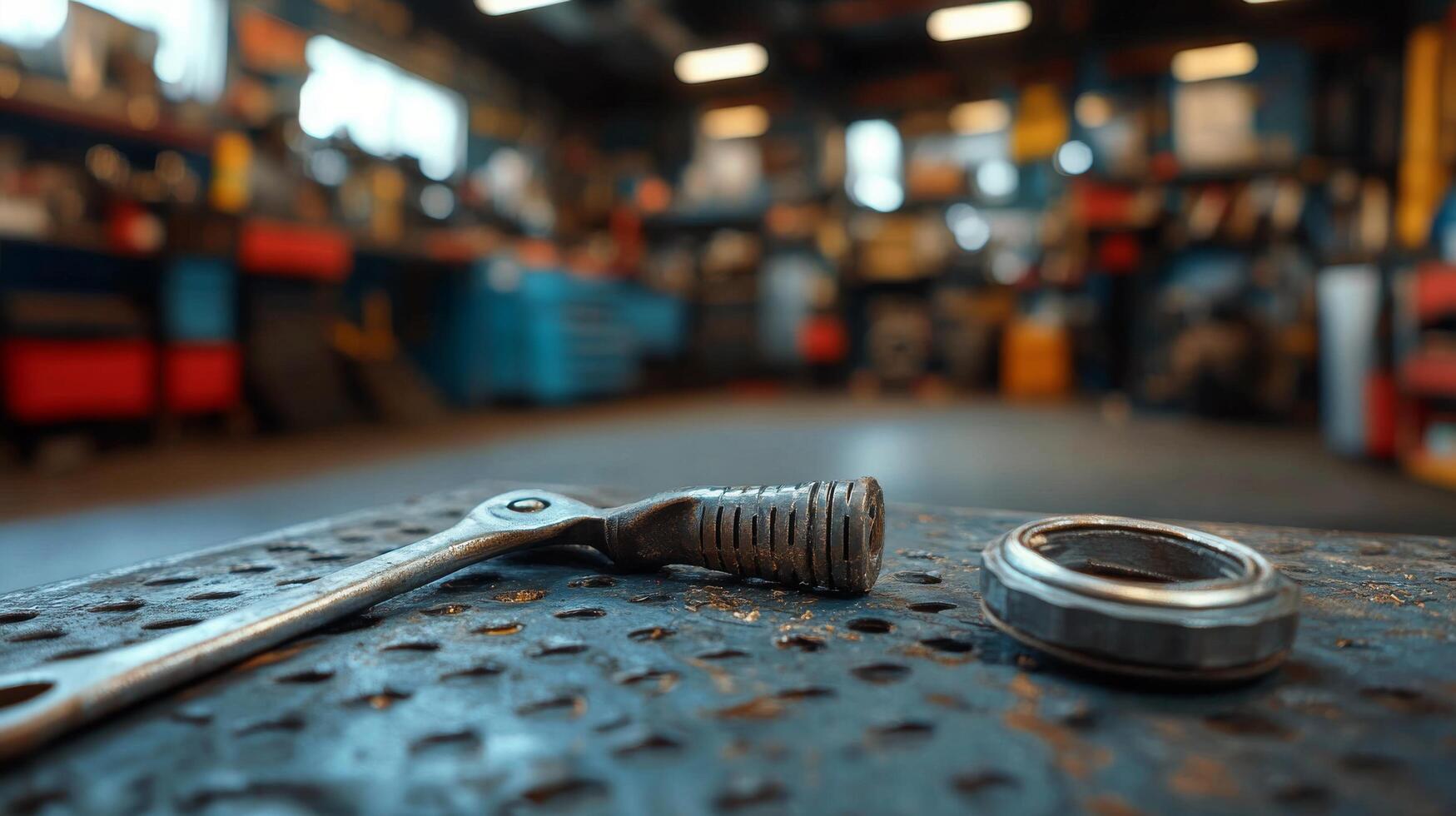 A wrench and a wrench on a table in a garage photo