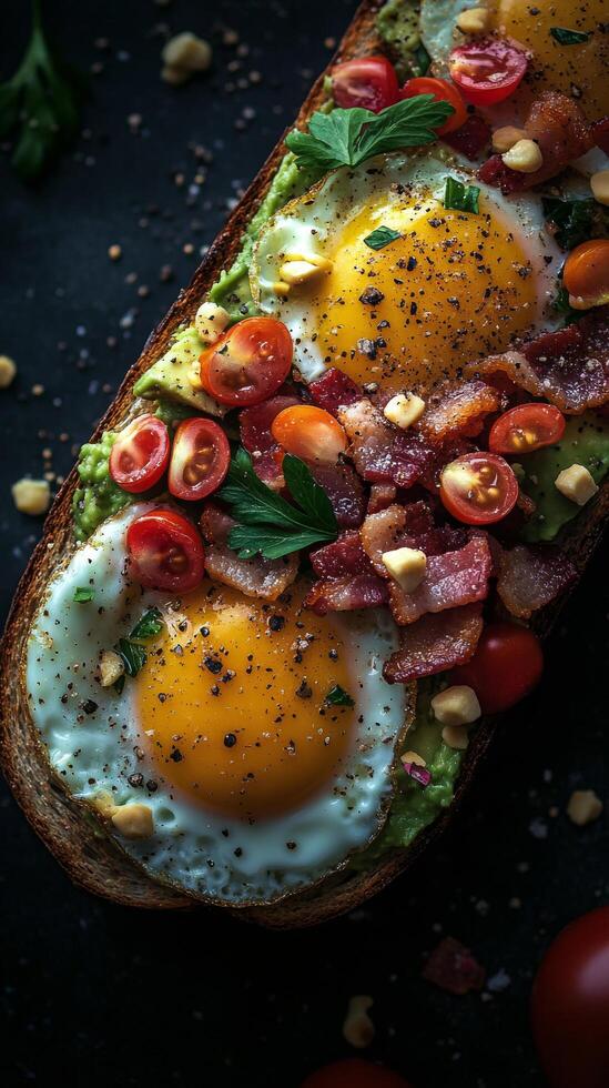 Avocado toast with eggs, tomatoes and bacon photo