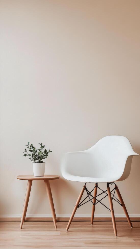 White chair and table in a room with a wall photo