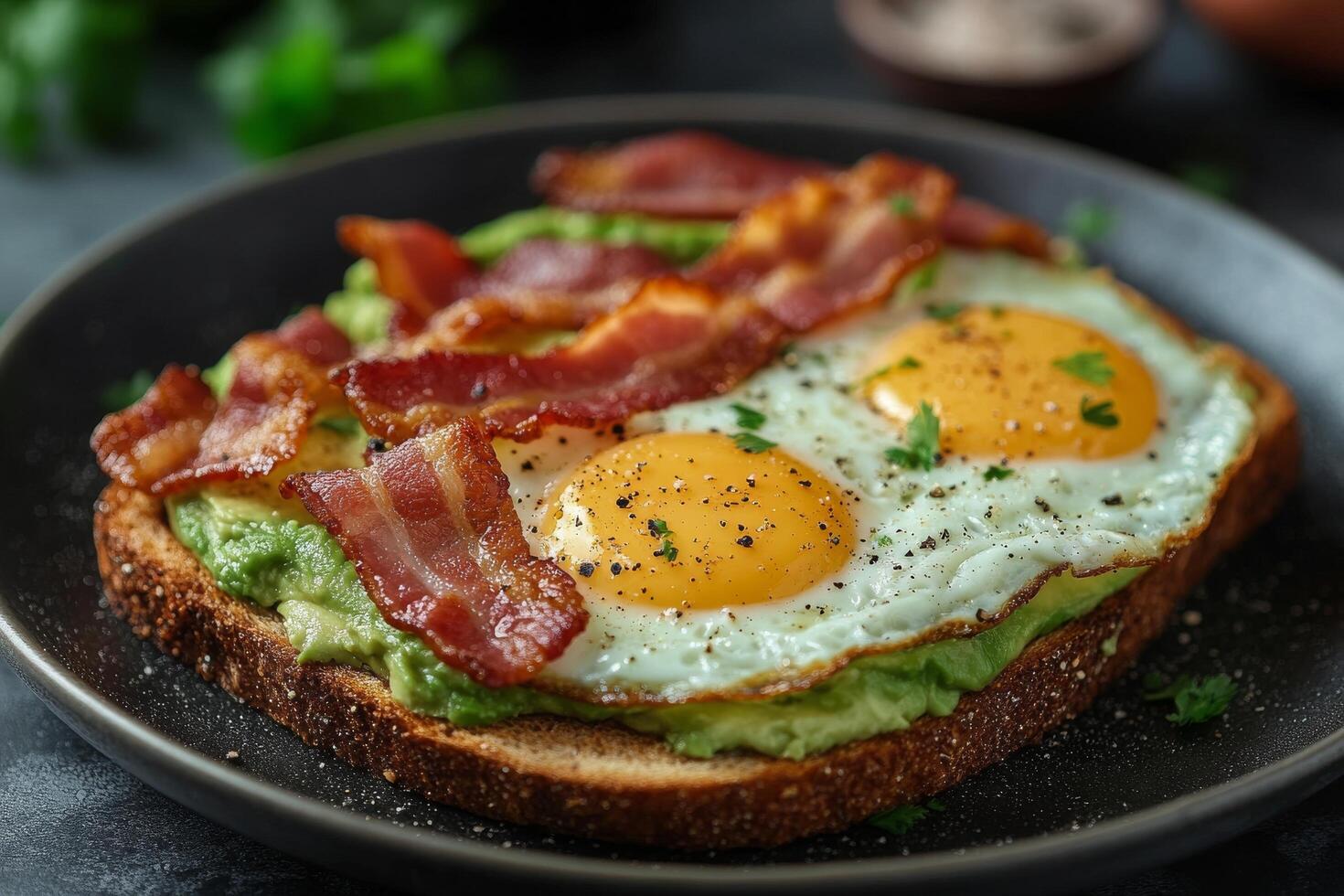 Avocado toast with eggs and bacon photo