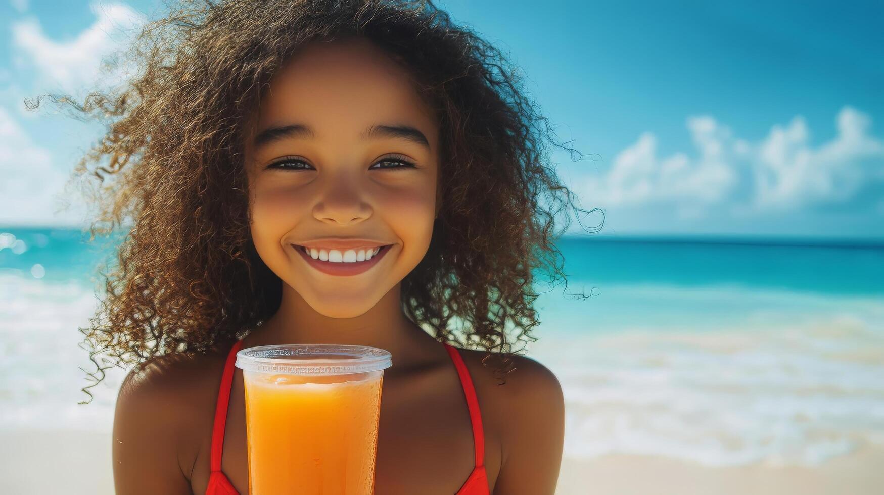 A young girl in a red bikini holding a glass of orange juice photo
