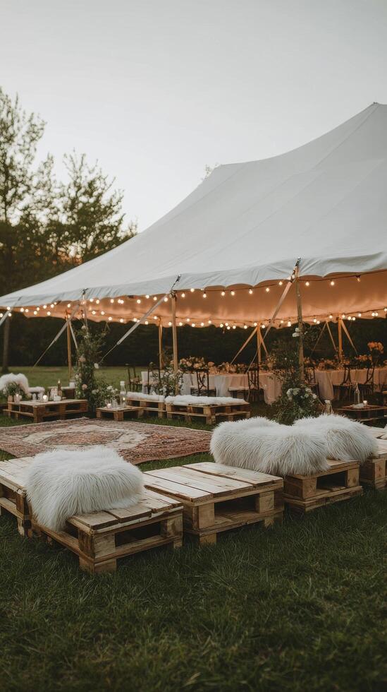 A wedding tent with white cushions and a white table photo